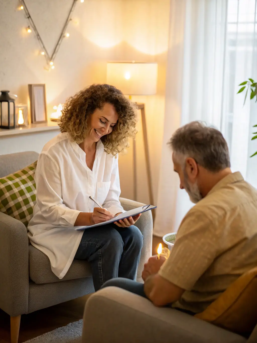 A researcher from Paschstel Academy conducting a face-to-face interview with a participant, using a tablet to record responses.